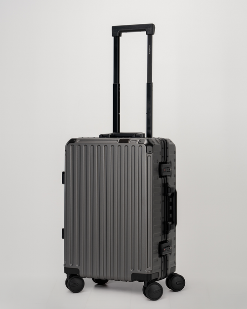 Valence Dark Gull Gray Polycarbonate Shell with Aluminum EdgeFrame Carry-On Suitcase Perspective with Handle View by Portar