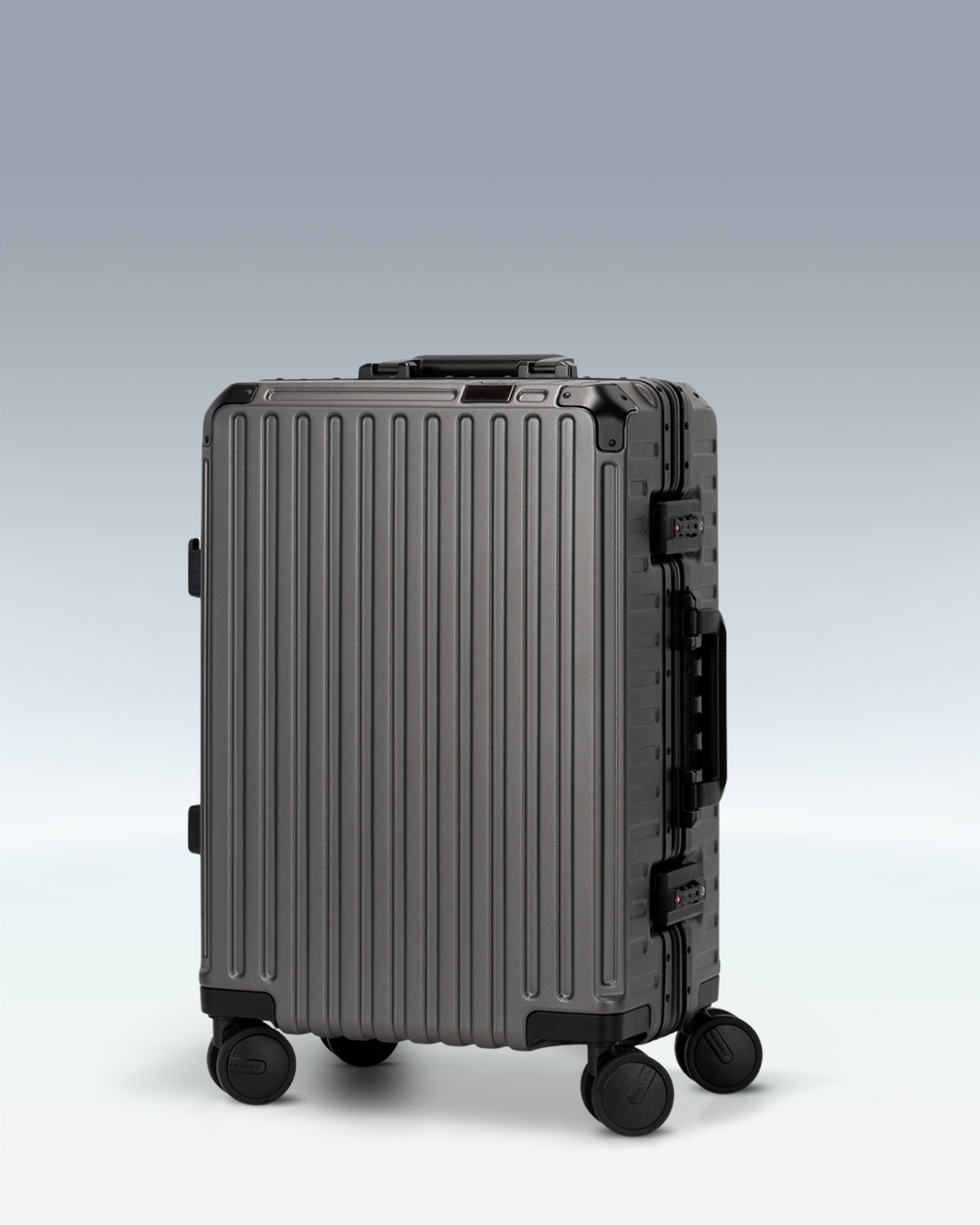 Portar Valence EdgeFrame carry-on luggage in Dark Gull Gray, three-quarter front view