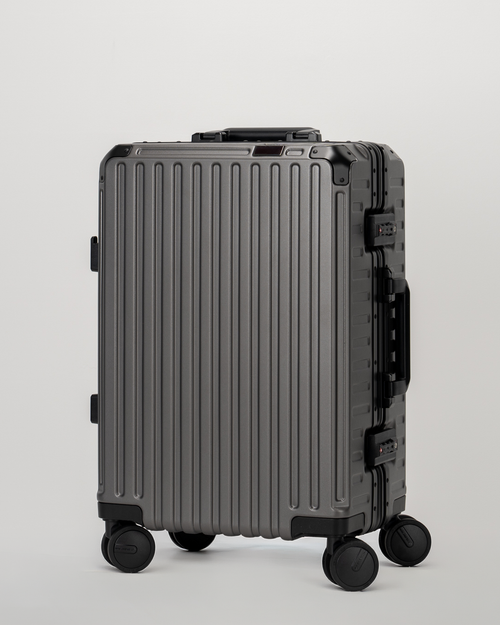 Valence Dark Gull Gray Polycarbonate Shell with Aluminum EdgeFrame Carry-On Suitcase Perspective View by Portar