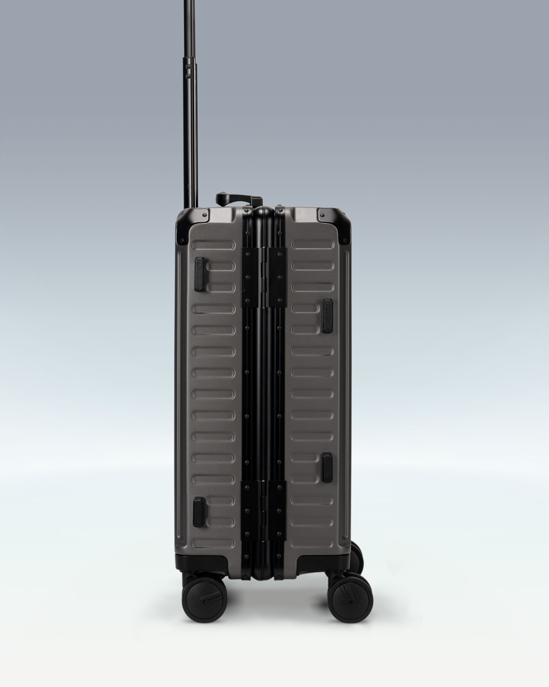 Portar Valence EdgeFrame carry-on luggage in Dark Gull Gray, side profile
