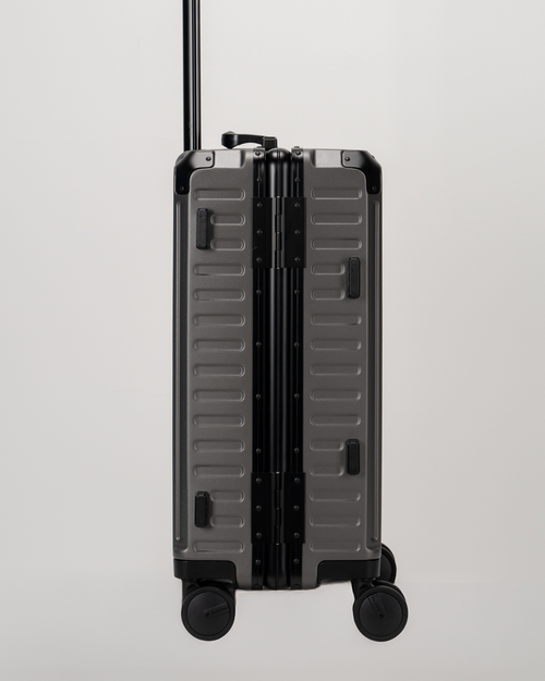 Valence Dark Gull Gray Polycarbonate Shell with Aluminum EdgeFrame Carry-On Suitcase Side View by Portar