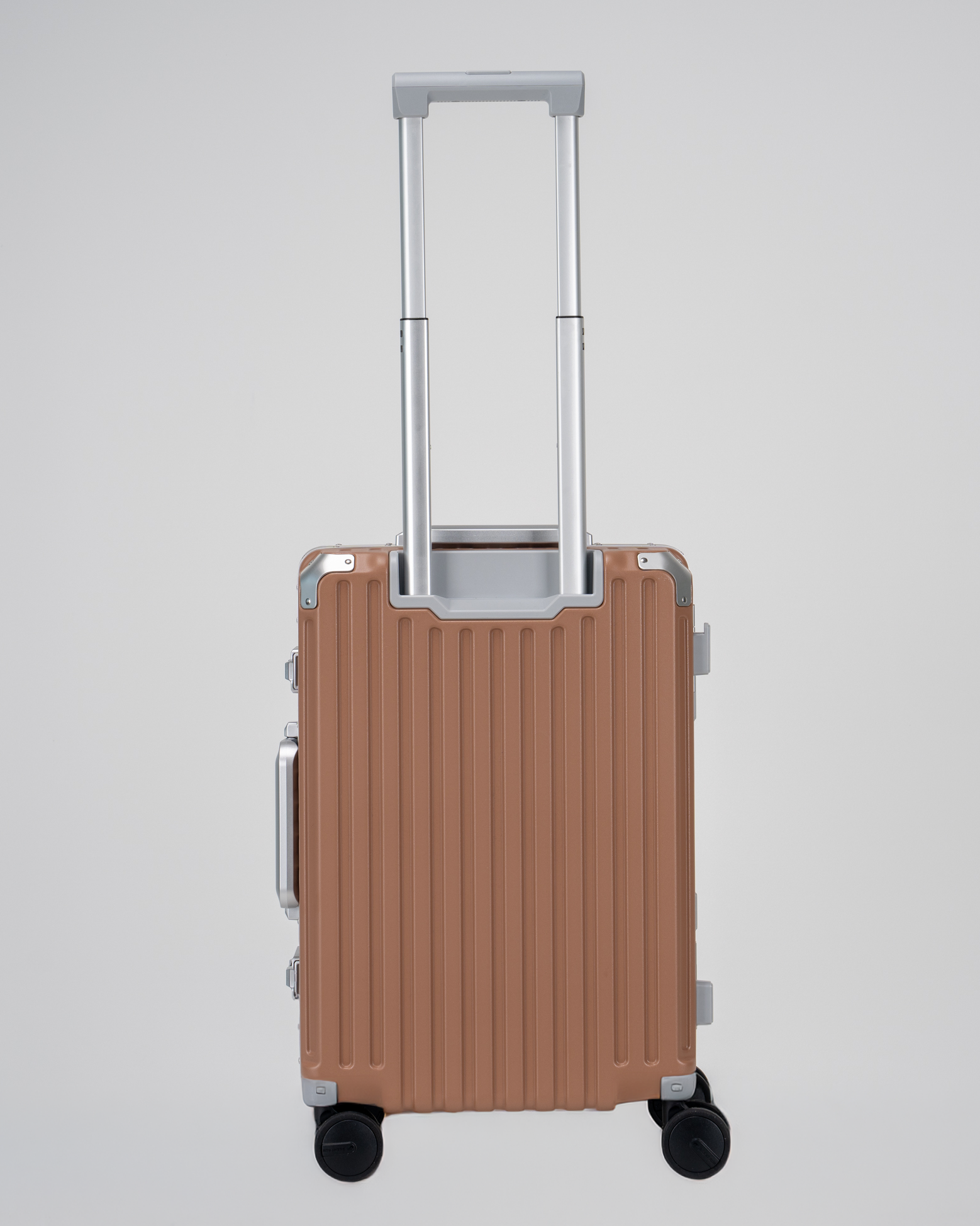 Valence Mocha Mousse Brown Polycarbonate Shell with Aluminum EdgeFrame Carry-On Suitcase Back with Handle View by Portar
