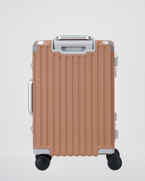 Valence Mocha Mousse Brown Polycarbonate Shell with Aluminum EdgeFrame Carry-On Suitcase Back View by Portar