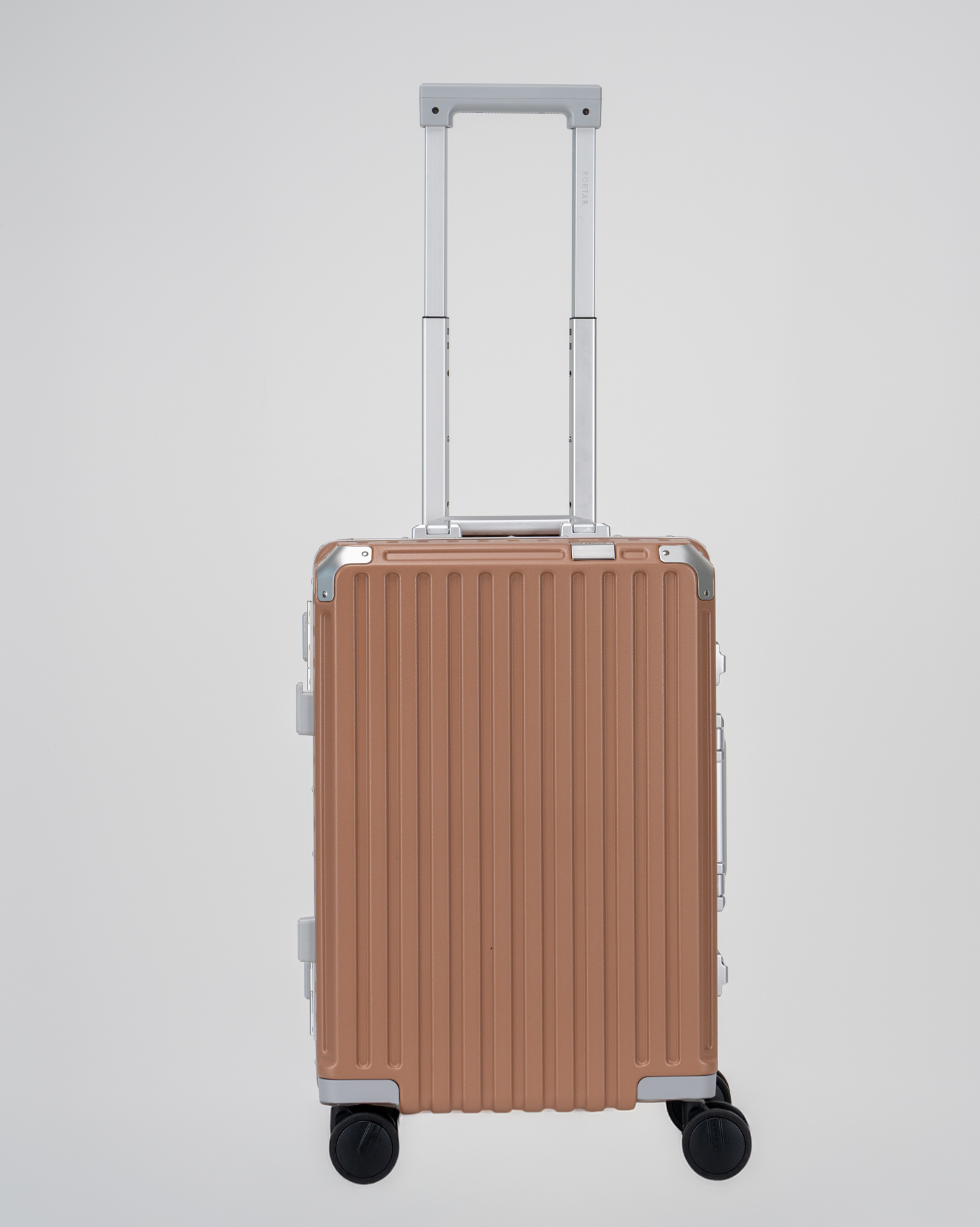 Valence Mocha Mousse Brown Polycarbonate Shell with Aluminum EdgeFrame Carry-On Suitcase Front with Handle View by Portar