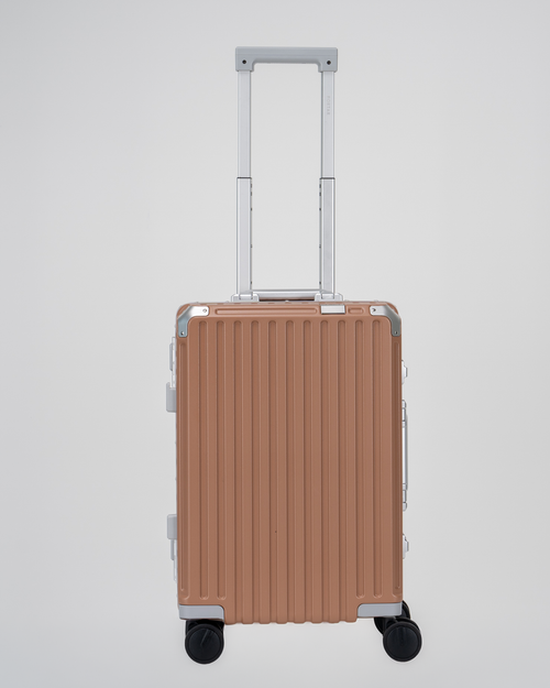 Valence Mocha Mousse Brown Polycarbonate Shell with Aluminum EdgeFrame Carry-On Suitcase Front with Handle View by Portar