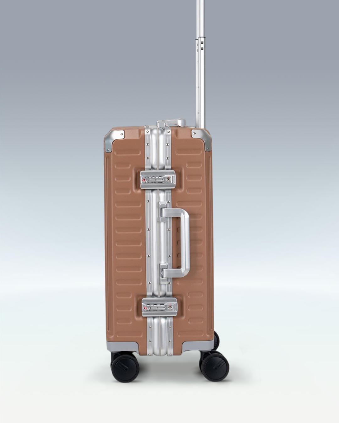 Portar Valence EdgeFrame carry-on luggage in Mocha Mousse Brown, side view showing the TSA-approved combination locks