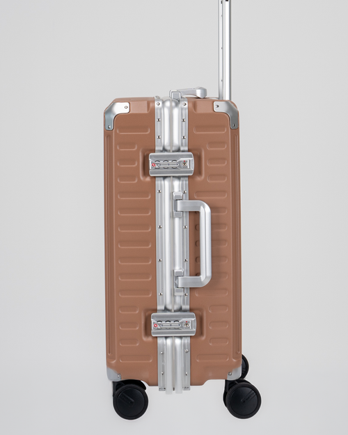 Valence Mocha Mousse Brown Polycarbonate Shell with Aluminum EdgeFrame Carry-On Suitcase Lock View by Portar