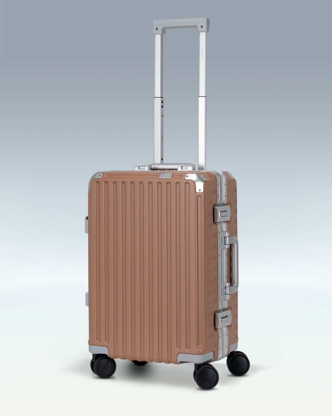 Portar Valence EdgeFrame carry-on luggage in Mocha Mousse Brown, three-quarter view with the telescoping handle extended