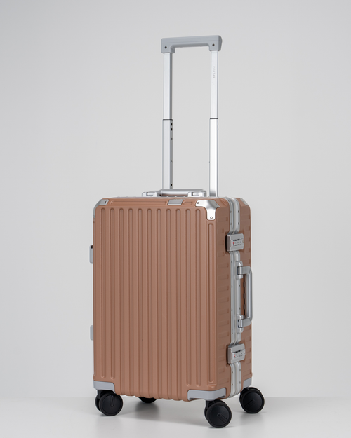 Valence Mocha Mousse Brown Polycarbonate Shell with Aluminum EdgeFrame Carry-On Suitcase Perspective with Handle View by Portar