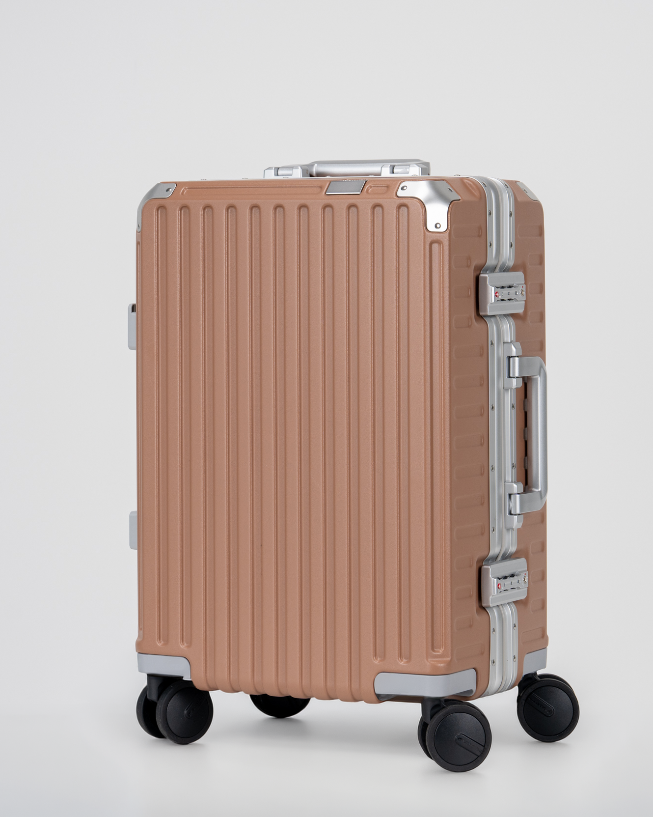 Valence Mocha Mousse Brown Polycarbonate Shell with Aluminum EdgeFrame Carry-On Suitcase Perspective View by Portar