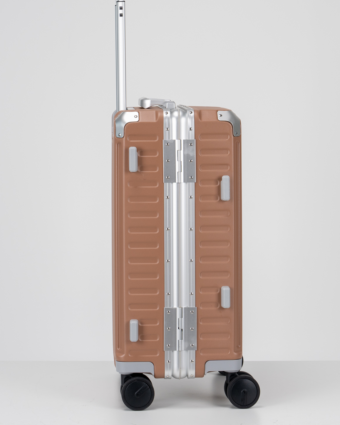 Valence Mocha Mousse Brown Polycarbonate Shell with Aluminum EdgeFrame Carry-On Suitcase Side View by Portar