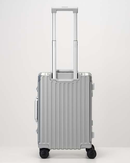 Valence Lunar Silver Polycarbonate Shell with Aluminum EdgeFrame Carry-On Suitcase Back with Handle View by Portar