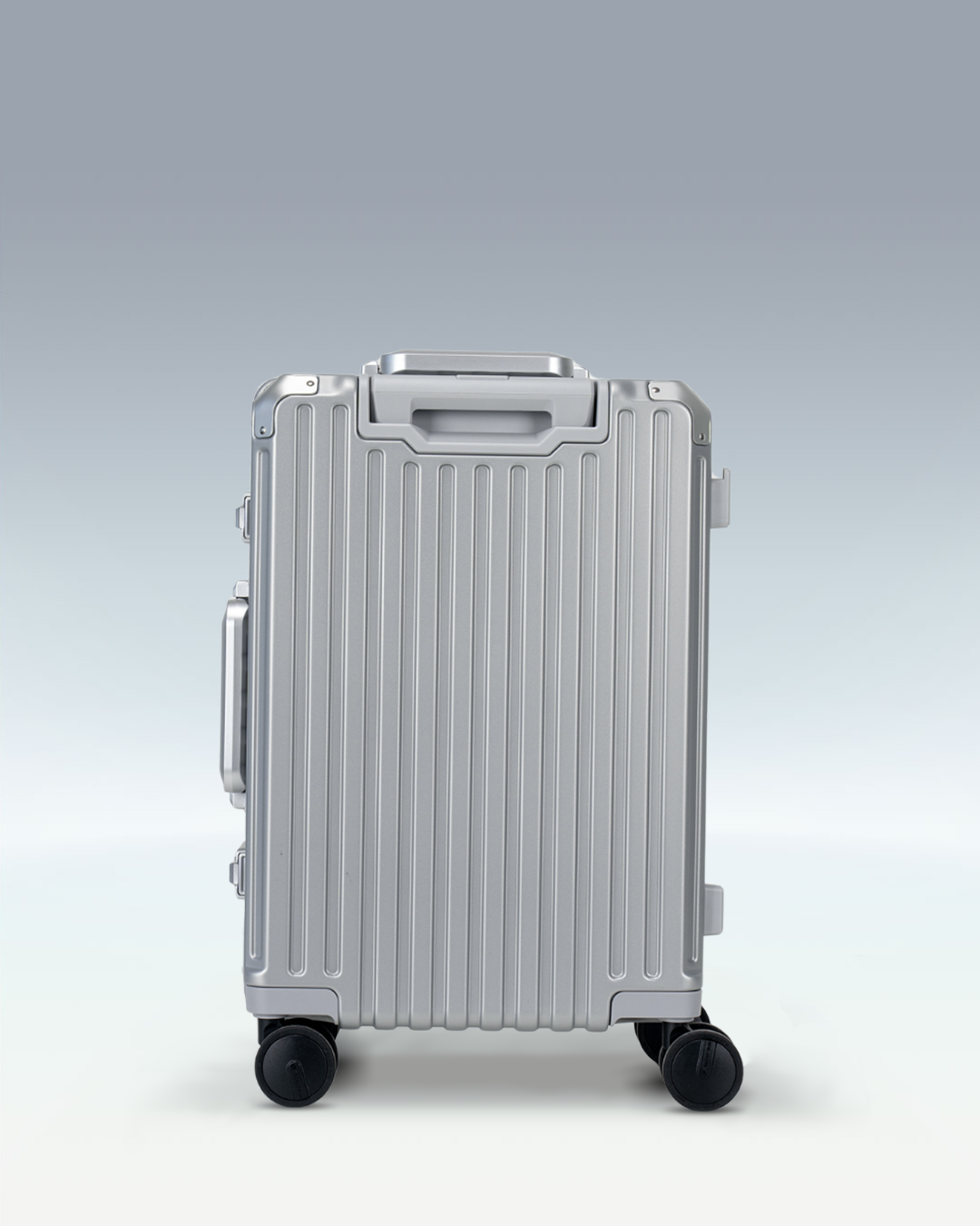 Portar Valence EdgeFrame carry-on luggage in Lunar Silver, back view