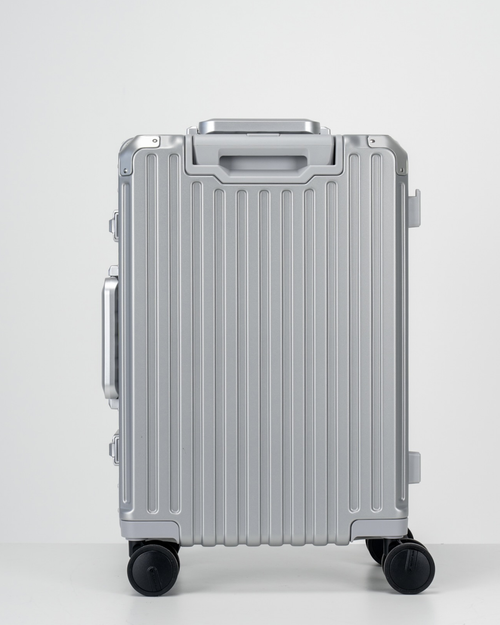 Valence Lunar Silver Polycarbonate Shell with Aluminum EdgeFrame Carry-On Suitcase Back View by Portar