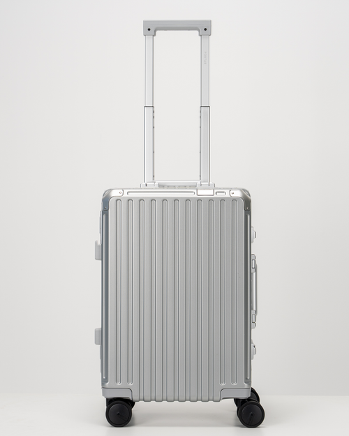 Valence Lunar Silver Polycarbonate Shell with Aluminum EdgeFrame Carry-On Suitcase Front with Handle View by Portar