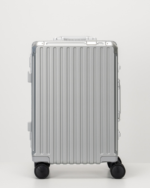 Valence Lunar Silver Polycarbonate Shell with Aluminum EdgeFrame Carry-On Suitcase Front View by Portar