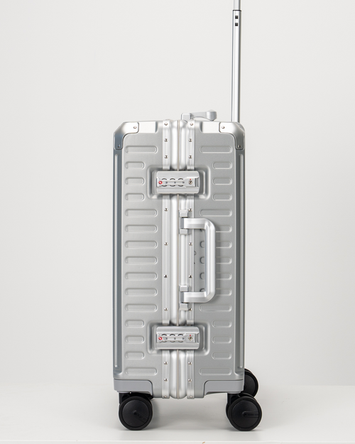 Valence Lunar Silver Polycarbonate Shell with Aluminum EdgeFrame Carry-On Suitcase Lock View by Portar