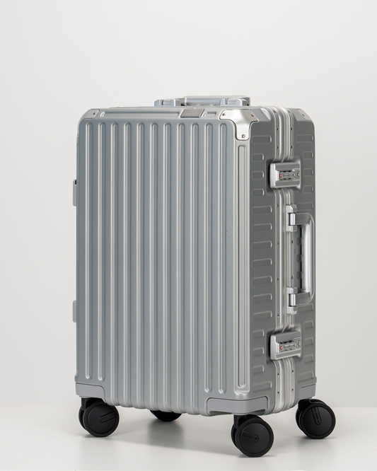 Valence Lunar Silver Polycarbonate Shell with Aluminum EdgeFrame Carry-On Suitcase Perspective View by Portar