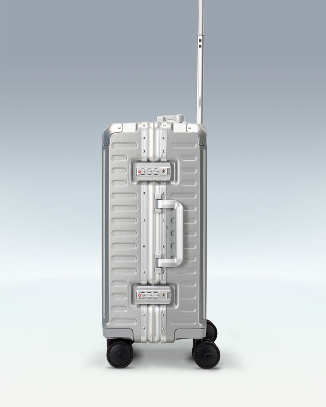 Portar Valence EdgeFrame carry-on luggage in Lunar Silver, side profile