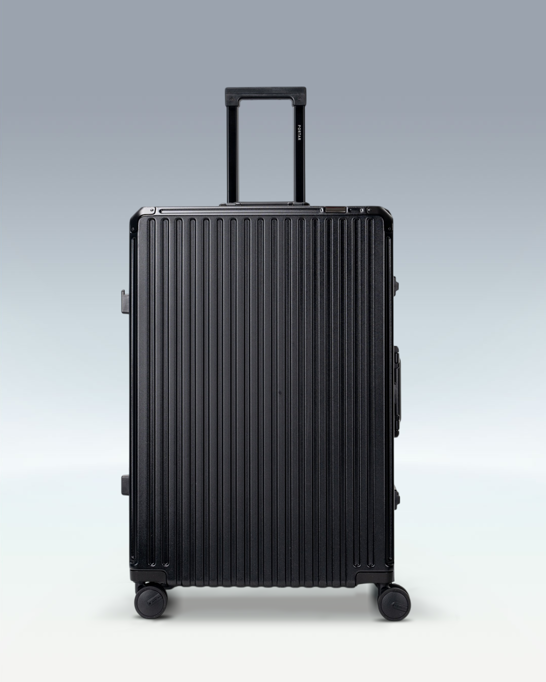 Portar Valence EdgeFrame checked luggage in Jet Black, front view with the telescoping handle extended