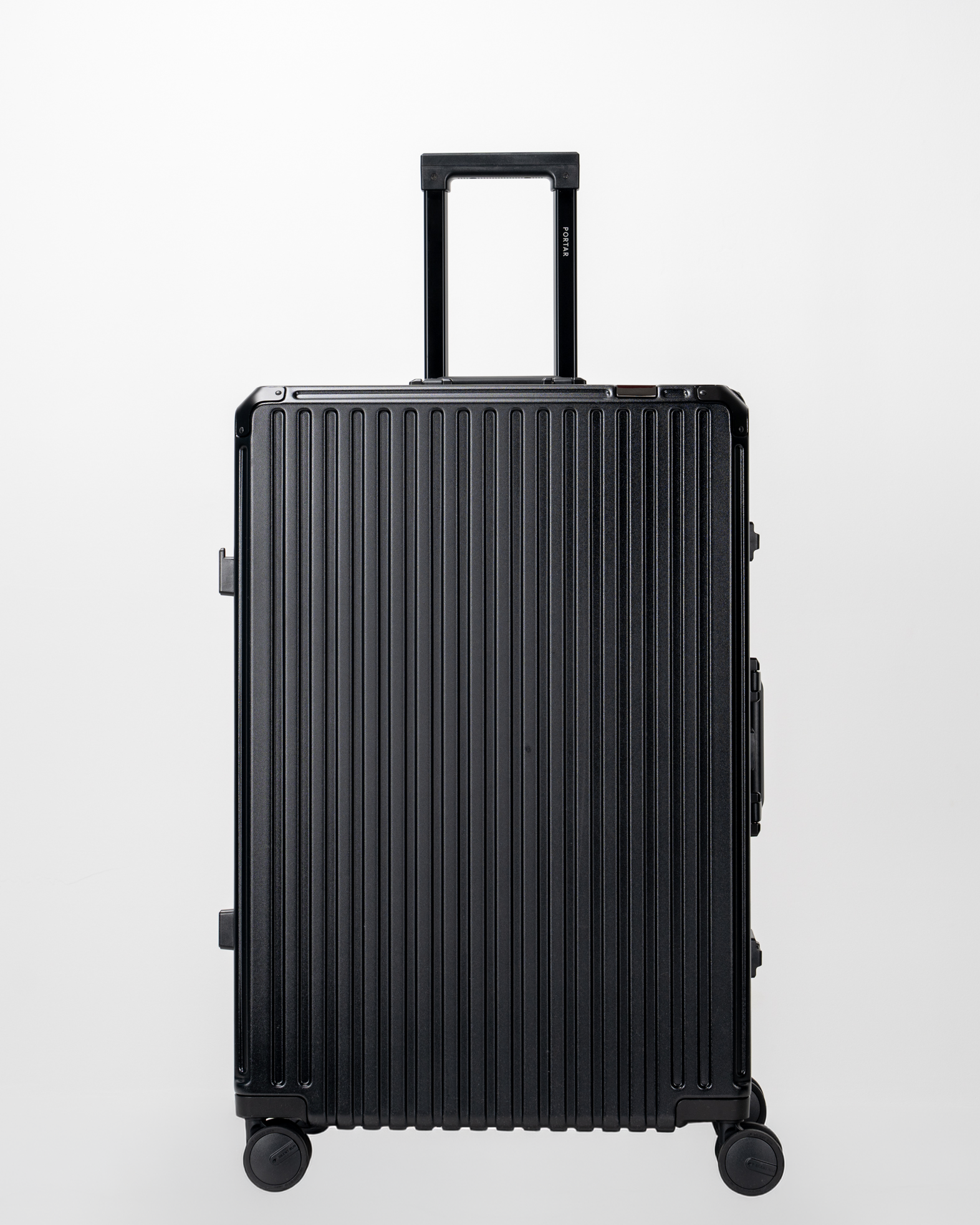 Valence Jet Black Polycarbonate Shell with Aluminum EdgeFrame Check-In Suitcase Front with Handle View by Portar