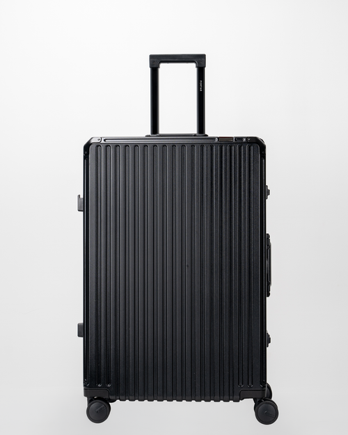 Valence Jet Black Polycarbonate Shell with Aluminum EdgeFrame Check-In Suitcase Front with Handle View by Portar
