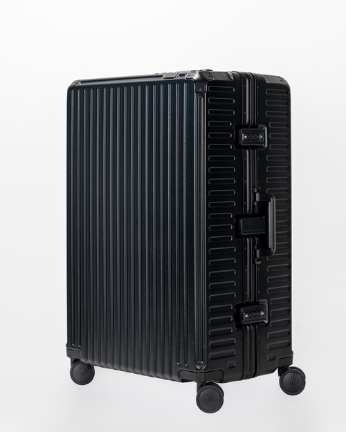 Valence Jet Black Polycarbonate Shell with Aluminum EdgeFrame Check-In Suitcase Perspective View by Portar