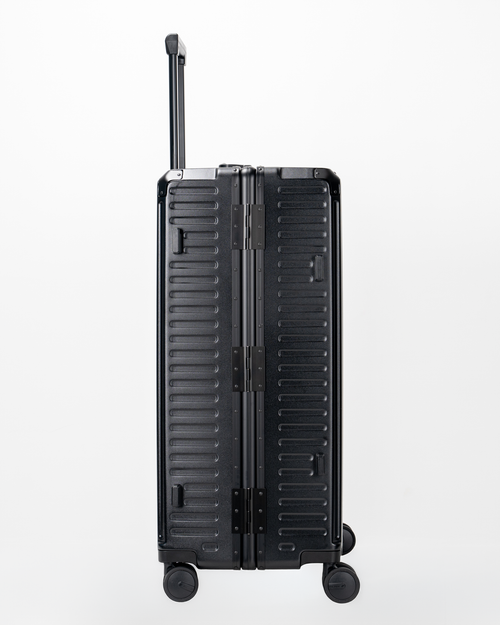 Valence Jet Black Polycarbonate Shell with Aluminum EdgeFrame Check-In Suitcase Side View by Portar