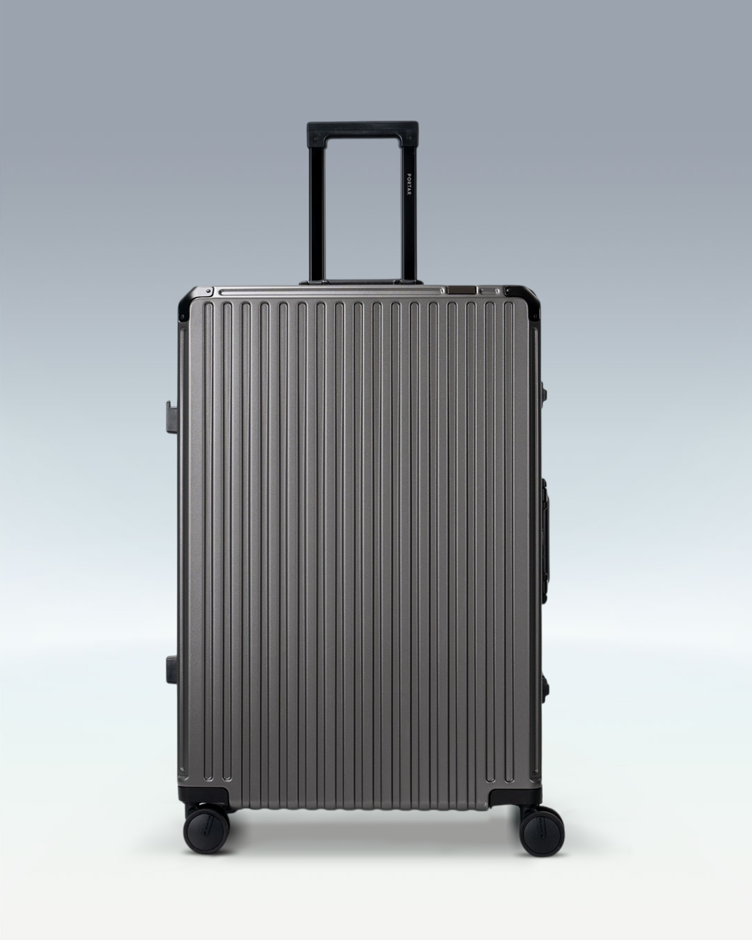 Portar Valence EdgeFrame checked luggage in Dark Gull Gray, front view with the telescoping handle extended