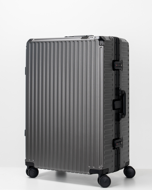 Valence Dark Gull Gray Polycarbonate Shell with Aluminum EdgeFrame Check-In Suitcase Perspective View by Portar