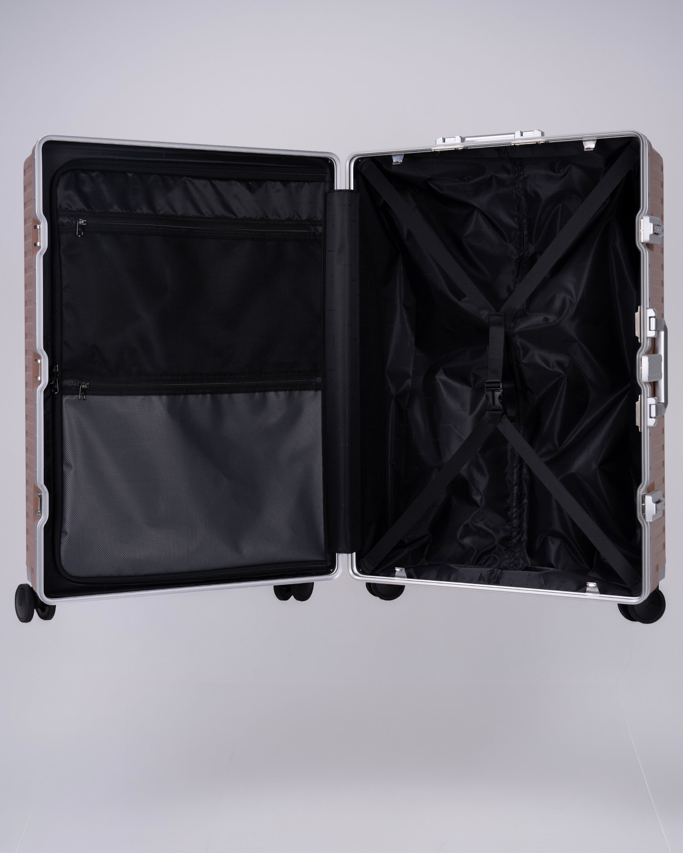 Portar polycarbonate shell with aluminum EdgeFrame Mocha Mousse Brown suitcase interior details with black interior on a light gray background