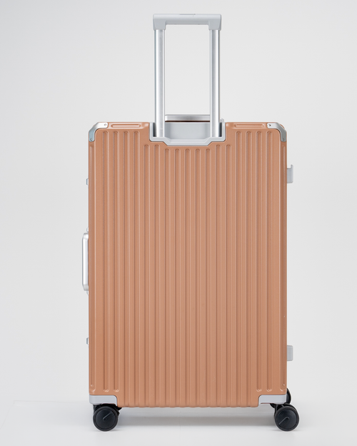 Valence Mocha Mousse Brown Polycarbonate Shell with Aluminum EdgeFrame Check-In Suitcase Back with Handle View by Portar