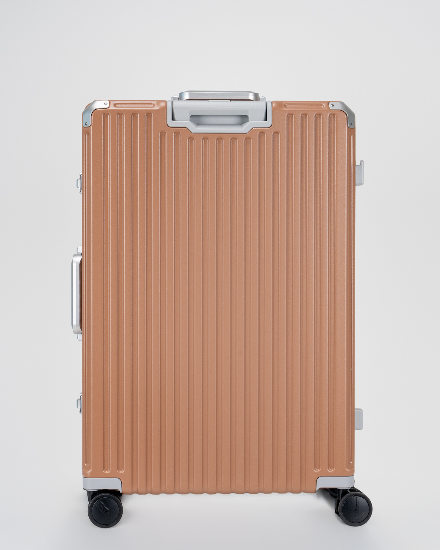 Valence Mocha Mousse Brown Polycarbonate Shell with Aluminum EdgeFrame Check-In Suitcase Back View by Portar