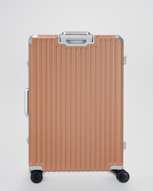Valence Mocha Mousse Brown Polycarbonate Shell with Aluminum EdgeFrame Check-In Suitcase Back View by Portar