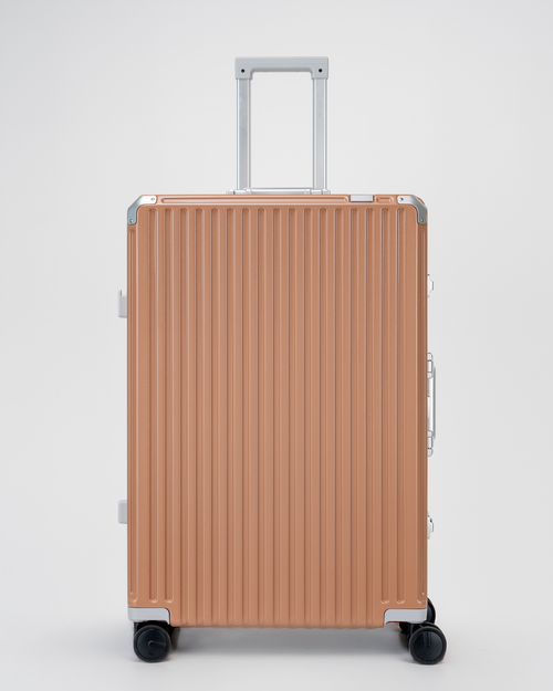 Valence Mocha Mousse Brown Polycarbonate Shell with Aluminum EdgeFrame Check-In Suitcase Front with Handle View by Portar