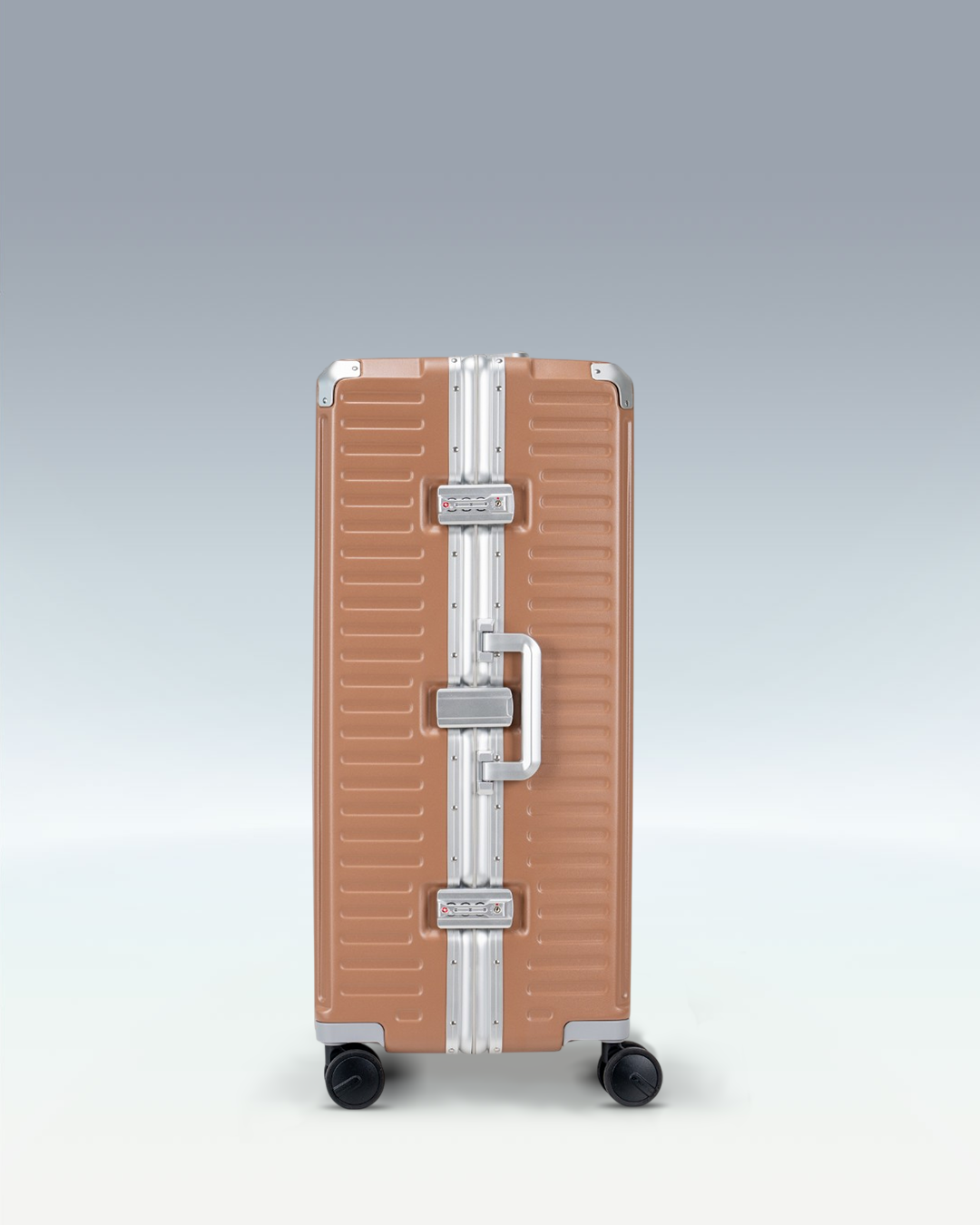 Portar Valence EdgeFrame checked luggage in Mocha Mousse Brown, side view showing the TSA-approved combination locks