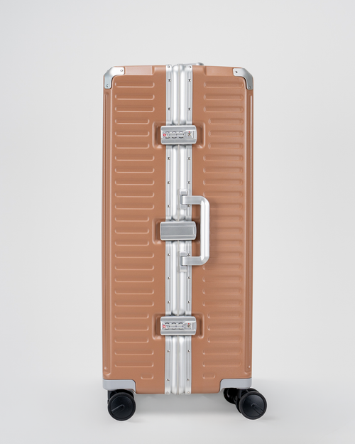 Valence Mocha Mousse Brown Polycarbonate Shell with Aluminum EdgeFrame Check-In Suitcase Lock View by Portar