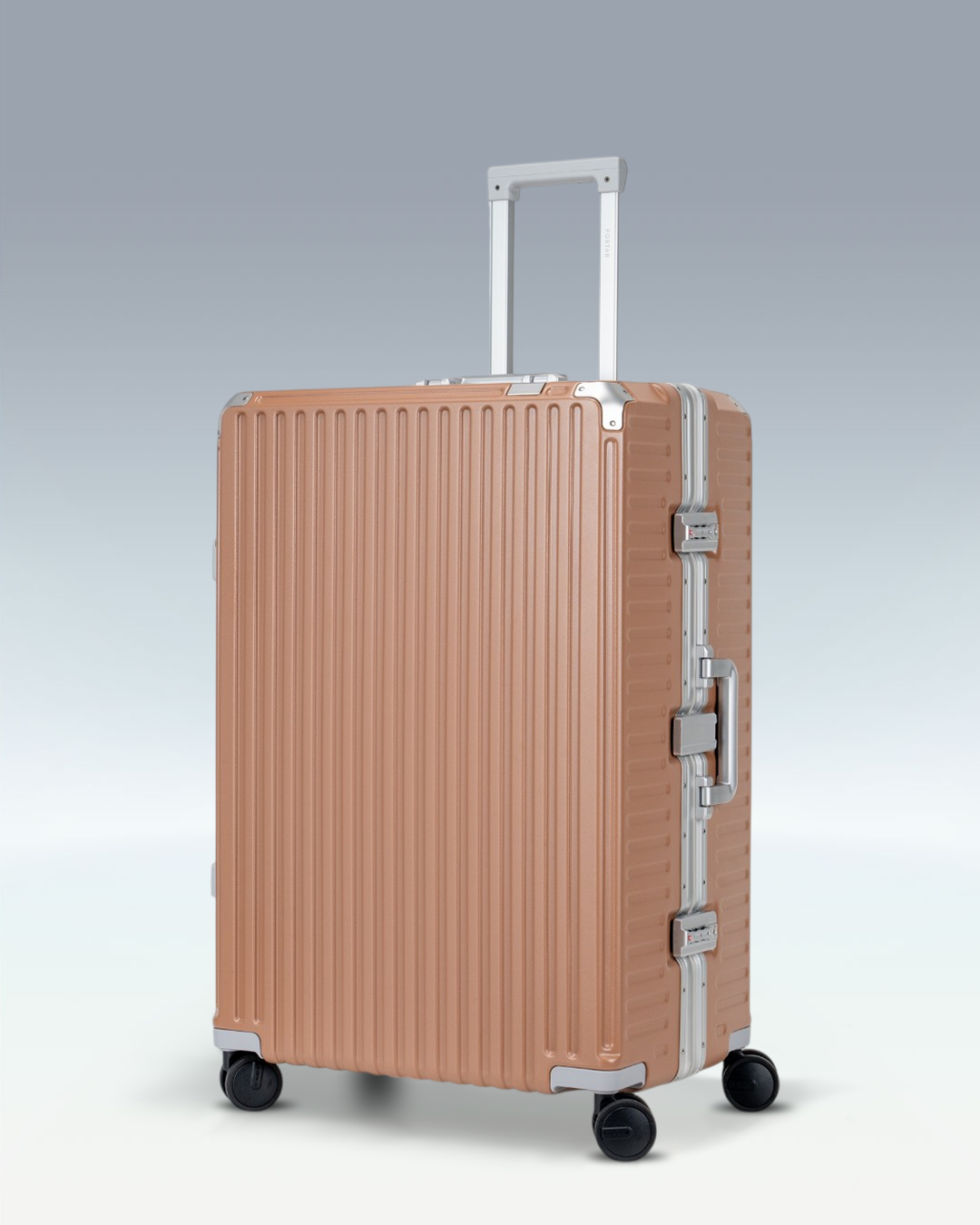 Portar Valence EdgeFrame checked luggage in Mocha Mousse Brown, three-quarter view with the telescoping handle extended