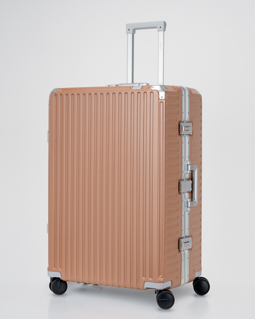 Valence Mocha Mousse Brown Polycarbonate Shell with Aluminum EdgeFrame Check-In Suitcase Perspective with Handle View by Portar