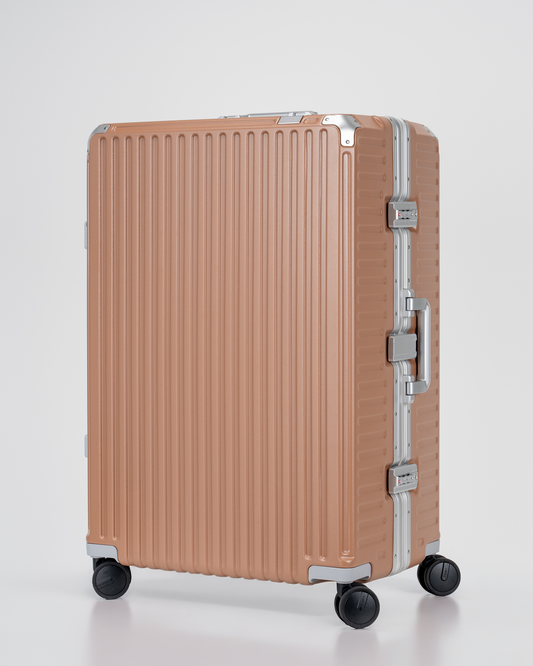 Valence Mocha Mousse Brown Polycarbonate Shell with Aluminum EdgeFrame Check-In Suitcase Perspective View by Portar