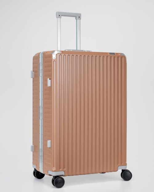 Valence Mocha Mousse Brown Polycarbonate Shell with Aluminum EdgeFrame Check-In Suitcase Side Angle View by Portar