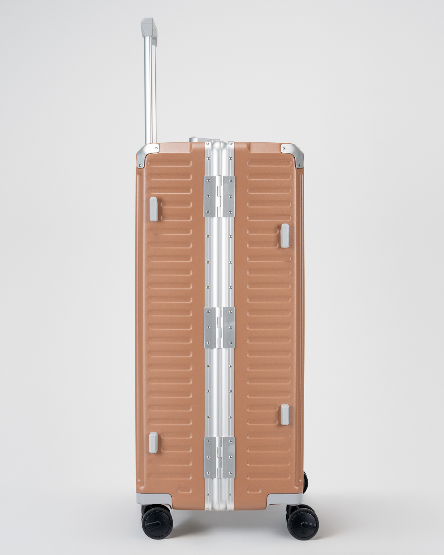 Valence Mocha Mousse Brown Polycarbonate Shell with Aluminum EdgeFrame Check-In Suitcase Side View by Portar