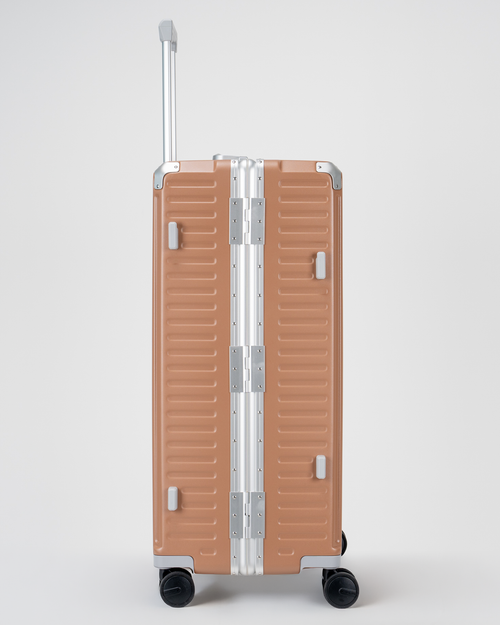 Valence Mocha Mousse Brown Polycarbonate Shell with Aluminum EdgeFrame Check-In Suitcase Side View by Portar
