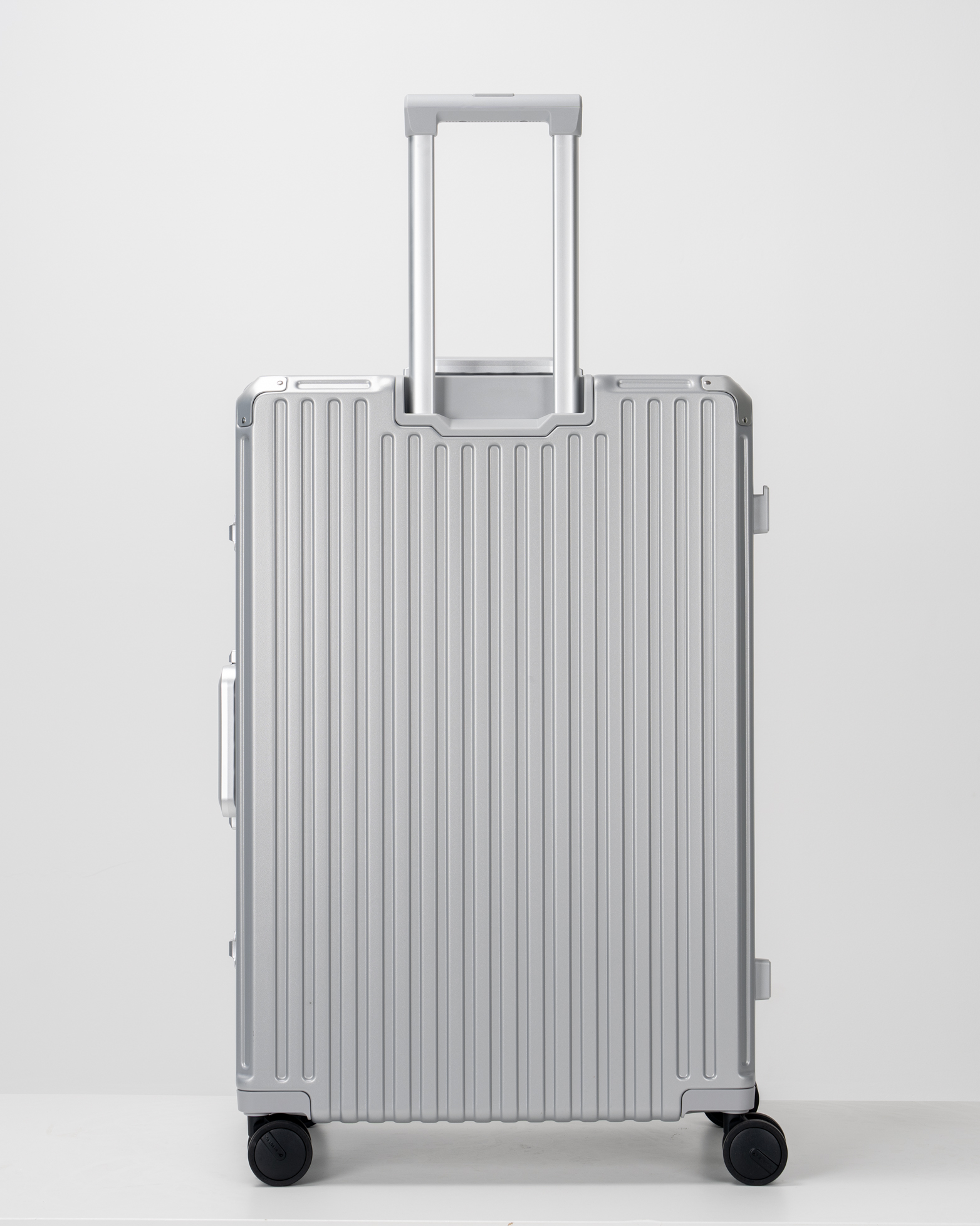 Valence Lunar Silver Polycarbonate Shell with Aluminum EdgeFrame Check-In Suitcase Back with Handle View by Portar