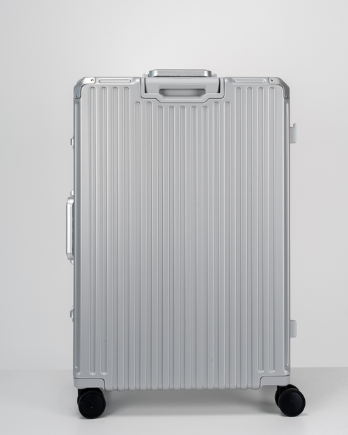 Valence Lunar Silver Polycarbonate Shell with Aluminum EdgeFrame Check-In Suitcase Back View by Portar