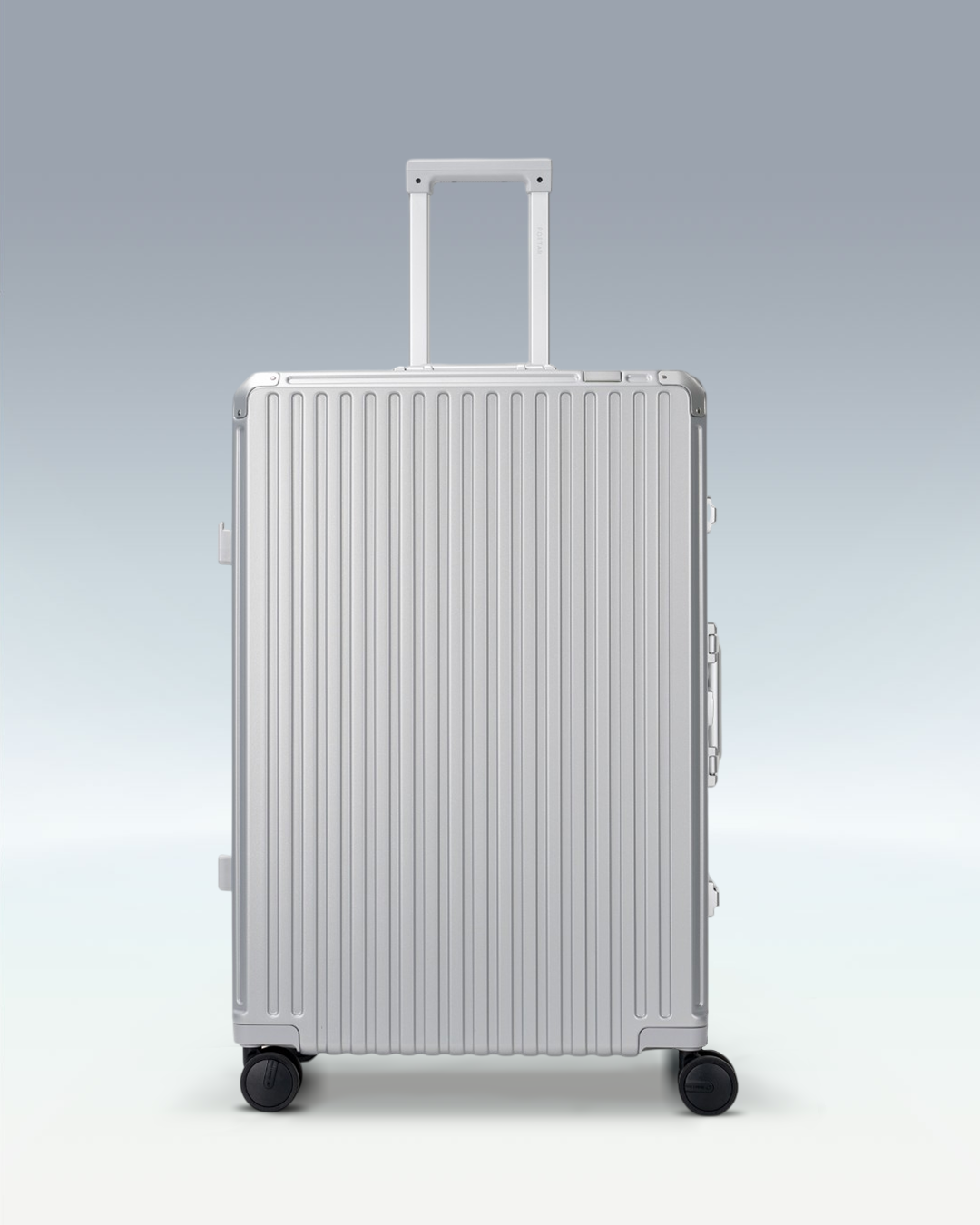 Portar Valence EdgeFrame checked luggage in Lunar Silver, front view with the telescoping handle extended