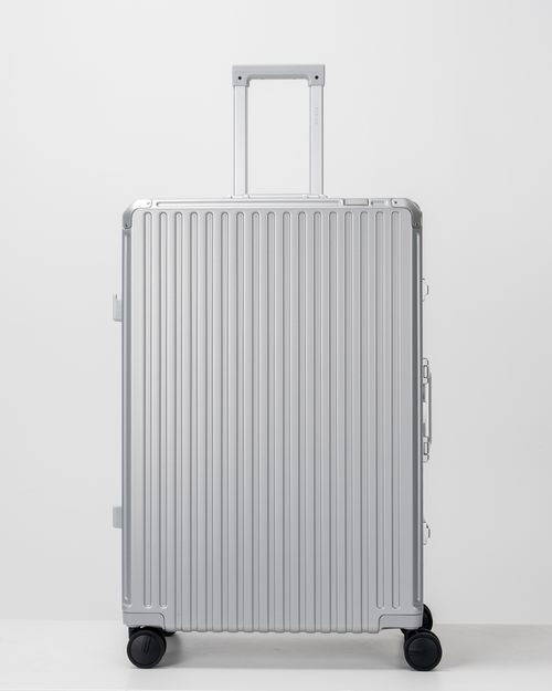 Valence Lunar Silver Polycarbonate Shell with Aluminum EdgeFrame Check-In Suitcase Front with Handle View by Portar