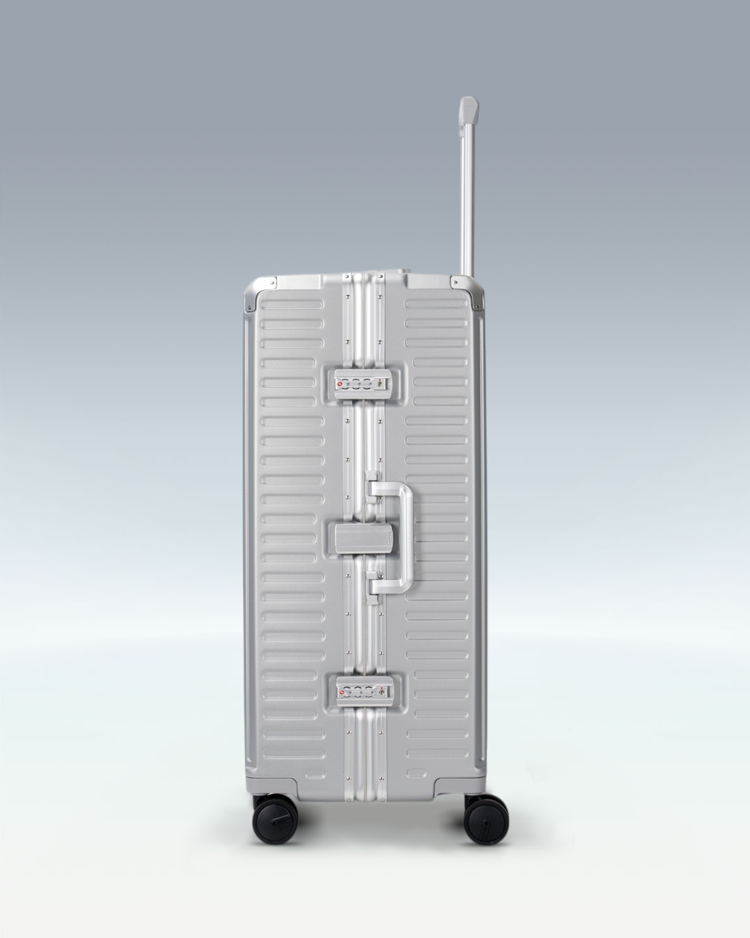 Portar Valence EdgeFrame checked luggage in Lunar Silver, side view showing the TSA-approved combination locks
