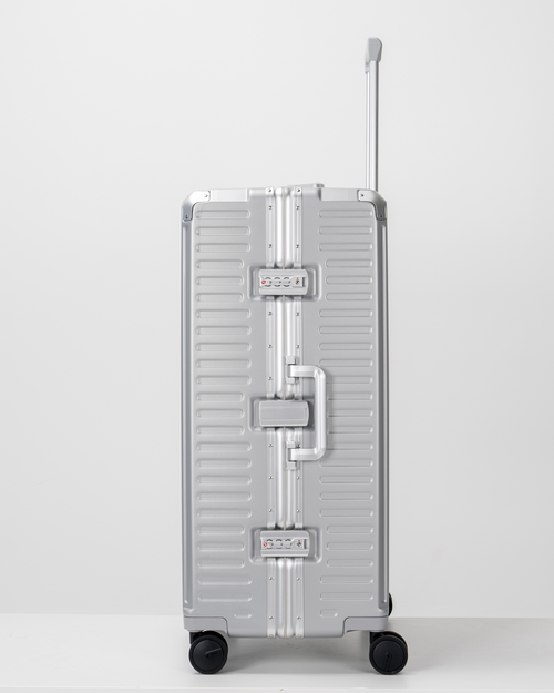 Valence Lunar Silver Polycarbonate Shell with Aluminum EdgeFrame Check-In Suitcase Lock View by Portar