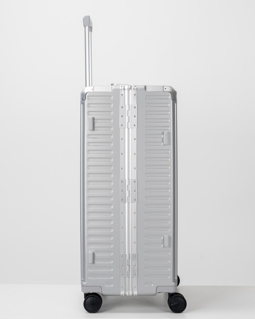 Valence Lunar Silver Polycarbonate Shell with Aluminum EdgeFrame Check-In Suitcase Side View by Portar